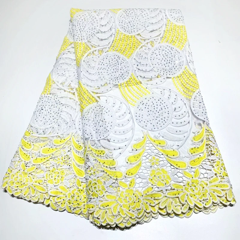 

African High Quality Net Wedding Lace Fabric New Nigerian Stones Tulle Mesh Lace White+Yellow Color Lady Dress Lace Material