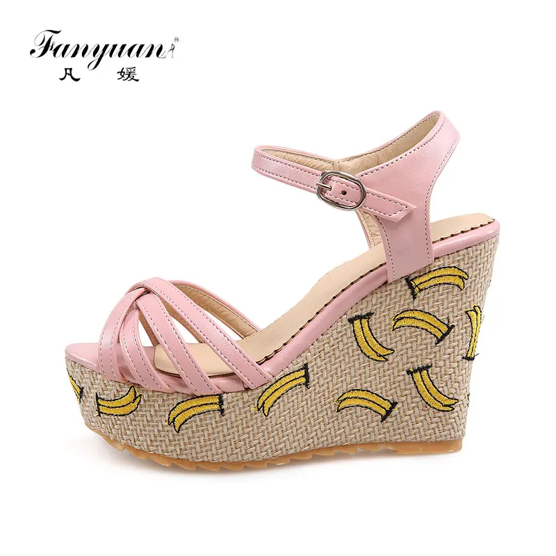 

Fanyuan Fashion Buckle Strap Ankle Strap Sandals Sweet Wedges High Heels Women Shoes Elegant summer platform Shoes