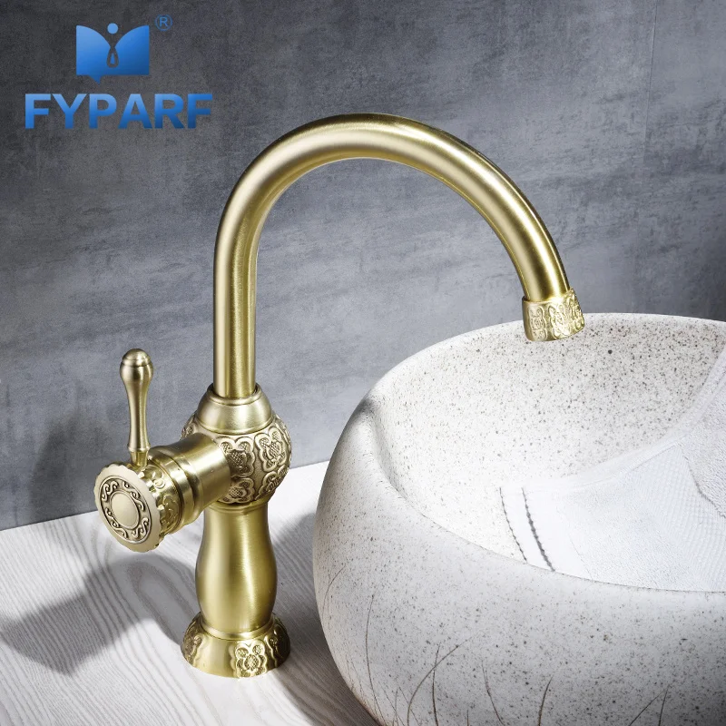 FYPARF الذهب حوض الحنفيات وحيد مقبض خمر الحمام الصنبور الساخنة/الباردة خلاط صنابير المياه للحمام بالوعة الحمام بالباطل الصين