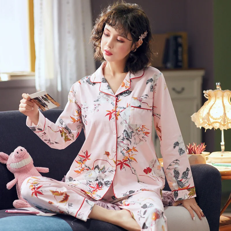 

Spring 2019 WAVMIT New Women Pyjamas Cotton Clothing Long Tops Set Female Pyjamas Sets NightSuit Sleepwear Sets Women Home Wear