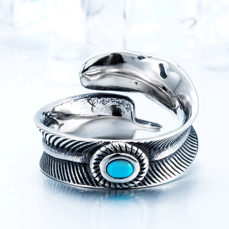 Beier Green Stone Woman And Man Stainless Steel Retro Style Gothic Unisex Feather Ring For Girl Boy BR8-367