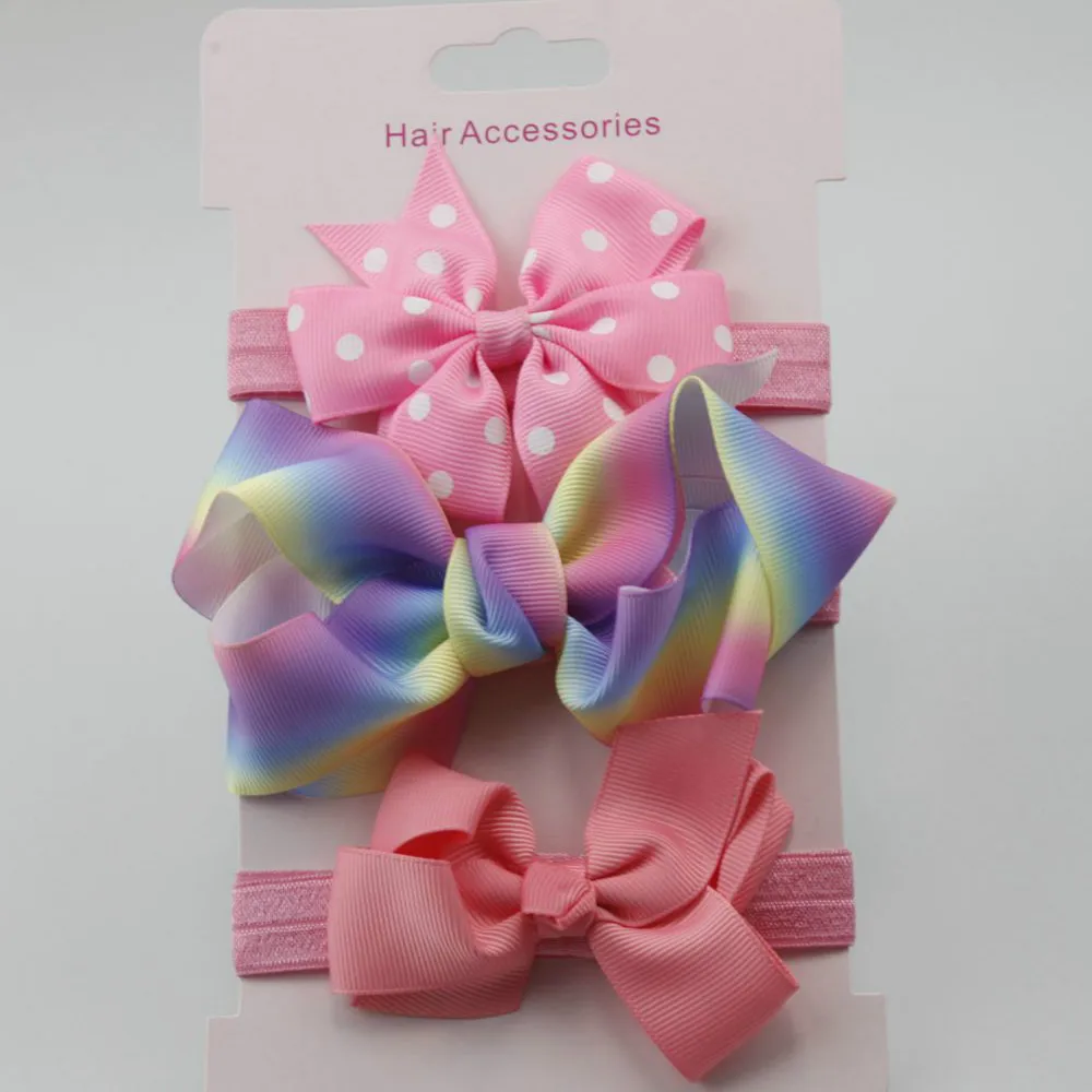 

3pcs Headwear Girls Floral Rainbow and Ribbon Dot Print Bows Headbands Set with Elastic Loops Handmade Kids' Hair Accesories