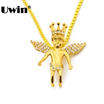 

Men Stainless Steel Gold Mini Crown Angel King Piece Pendant Charm Hiphop Necklace Women Iced Out CZ Wing Angel Pendant Necklace