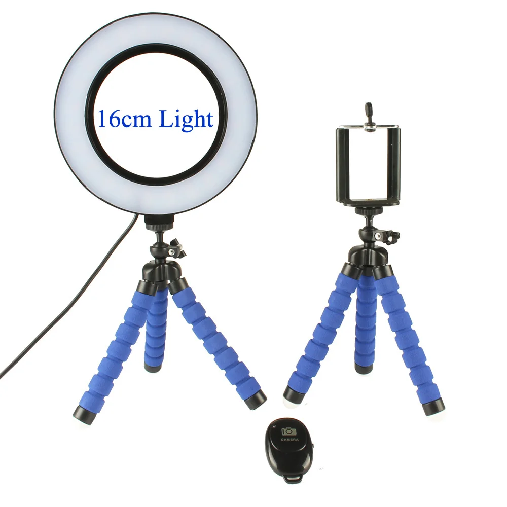 Кольцевой светильник для фотосъемки на YouTube, светодиодный светильник для селфи, кольцевая лампа с гибким штативом/телефоном, Bluetooth, дистанционным затвором, мини настольный стол - Цвет: Синий