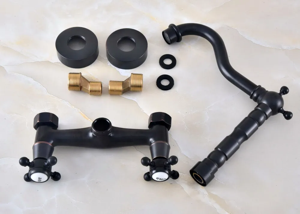 Kitchen Wet Bar Bathroom Vessel Sink Faucet Black Oil Rubbed Bronze Wall Mounted Swivel Spout Mixer Tap Dual Cross Handle mnf453