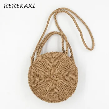 

Handmade Round Straw Beach Bag Bohemian Women's Handbag Summer Shoulder Messenger Bags female Crossbody Bags Knitted Tote 20CM