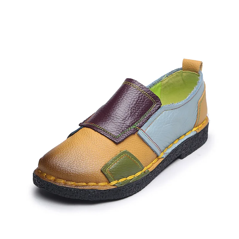 

Genuine Leather Shoes Women Flats Round Toe Slip On Shoes For Women Mocasin Spring Fall Color Block Ladies Flat Shoes Espadrille