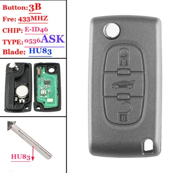 

Free shipping(1piece )0536 Type ASK 3 Button Flip Remote Key 433mhz electronic 46 chip VA2 407 blade for Peugeot key