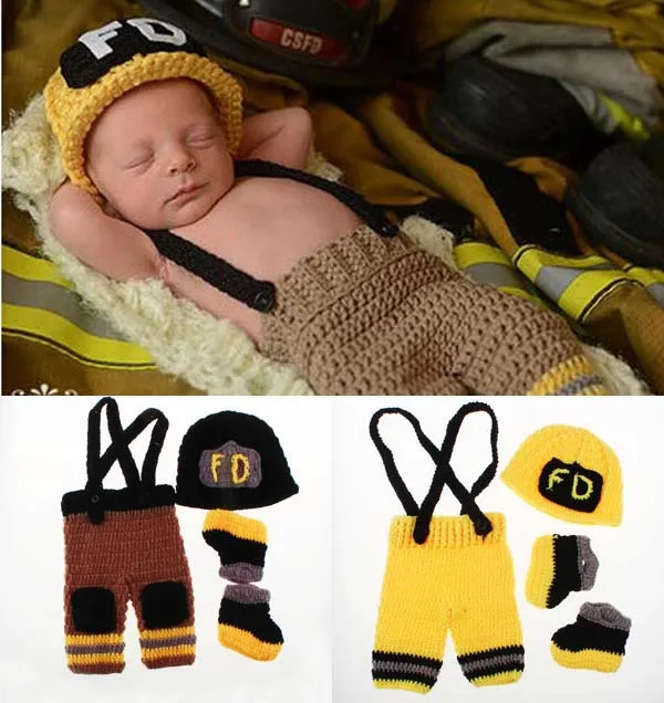 New Character Unisex Cotton Baby Newborn Photography Props Costume Hand Crochet Knit Infant Fireman Hat pants and shoes set 1