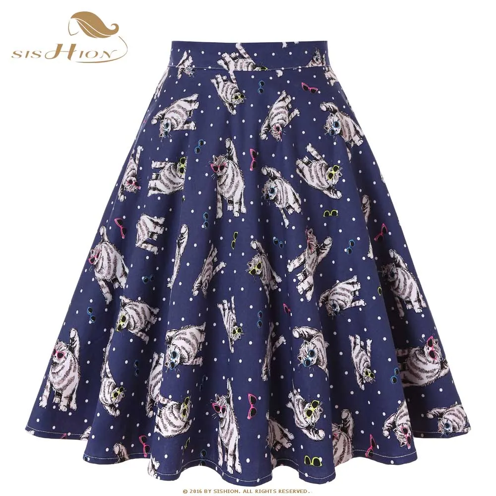 

SISHION Cotton Summer Skirt Women High Waist Glasses Cats Print Polka Dot Vintage Swing Short Blue Skater Midi Skirts VD0020
