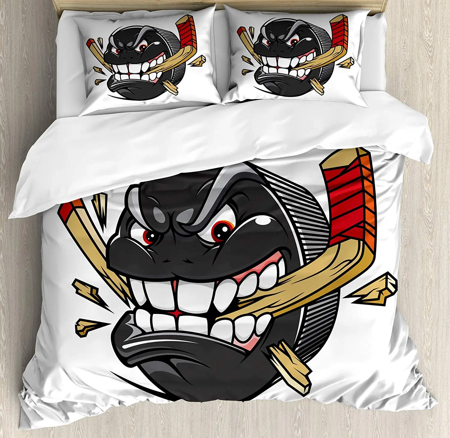 

Hockey Duvet Cover Set Cartoon Hockey Puck Bites and Breaks Hockey Stick Championship Game Mascot Character 3pcs Bedding Set