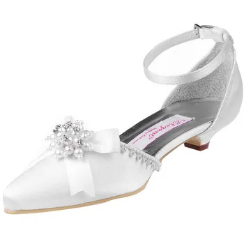 

WM-018 Pointed Toe ankle strap bridal wedding shoes Low Cone Heel Satin lady bride prom evening party pumps white silver