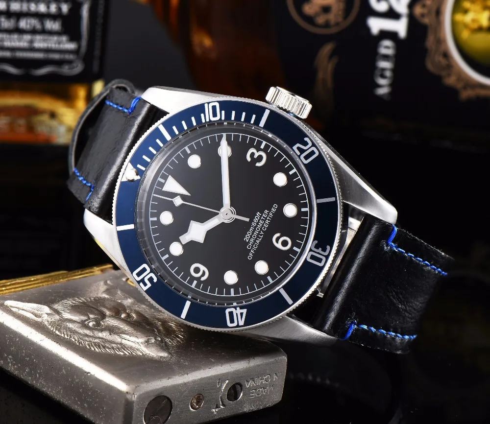 

automatic watch men black bay wristwatch sapphire glass black sterile dial 41mm leather strap movement CORGEUT