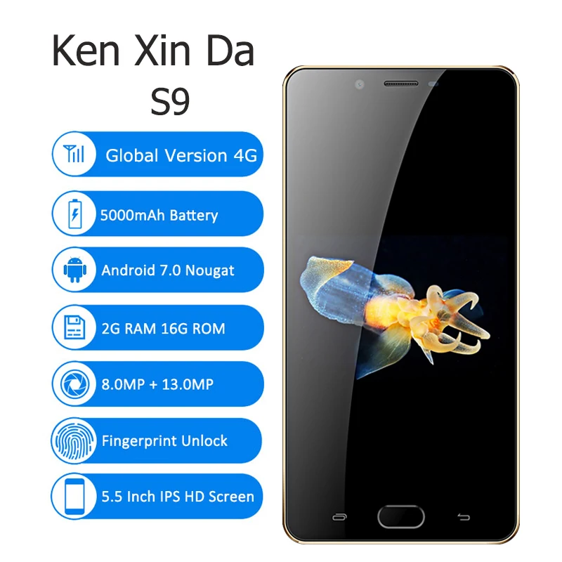 KenXinDa S9 5 дюймовый смартфон 4G LTE на Android 7 0 2 ГБ + 16 Гб MTK6737 4 ядра 13.0MP 5000 мА/ч мобильный