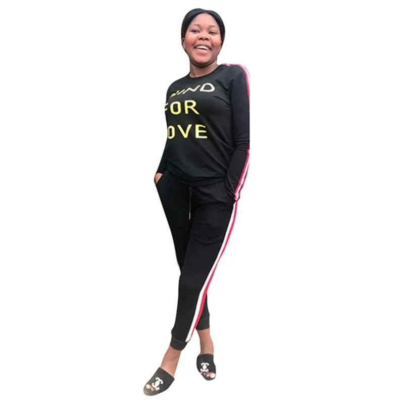 

Casual 2 Piece Outfits Woman Letter Printed O Neck Long Sleeve T Shirt And Lady Drawstring Ankle-Length Trousers With PocketS687