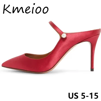 

Kmeioo US 5-15 New Hot Sale Women Shoes Shallow Satin Pumps Pointed Toe High Heel Mules Classics Slip On Office Dress Shoes 10CM