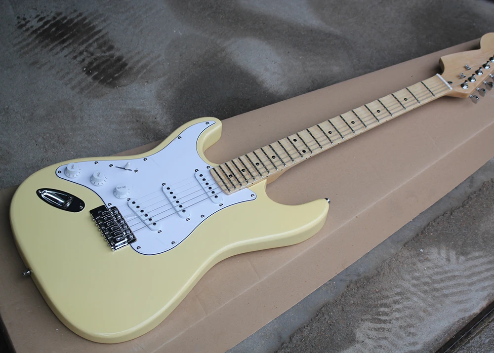 

Factory Custom Left-handed Yellow Electric Guitar with Scalloped Maple Fretboard,White Pickguard,offering customized services