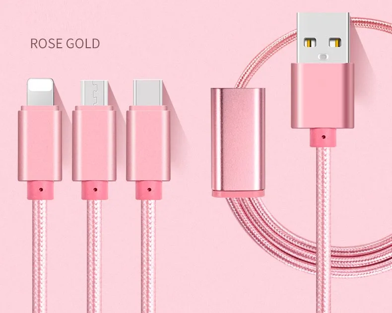 3 в 1 Кабели микро-usb для мобильных телефонов samsung A3A5A7A89j3j5 huawei HtC для iPhone Ipad/type-c кабель для Xiaomi Meizu LG - Цвет: Rose gold