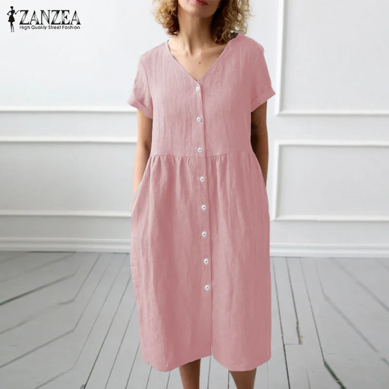 Летнее платье-рубашка с коротким рукавом, ZANZEA, женский сарафан, винтажное льняное платье на пуговицах с v-образным вырезом, Повседневное платье, большие размеры