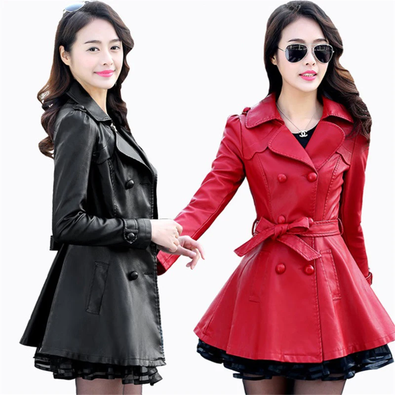 Spring and autumn new PU leather lace stitching large size slim slimming high quality pu skirt swing windbreaker jacket | Женская одежда