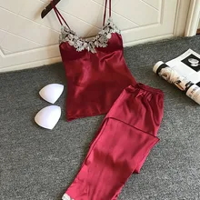 Новая женская шелковая пижама, комплект из 2 предметов, сексуальная пижама без рукавов с v-образным вырезом