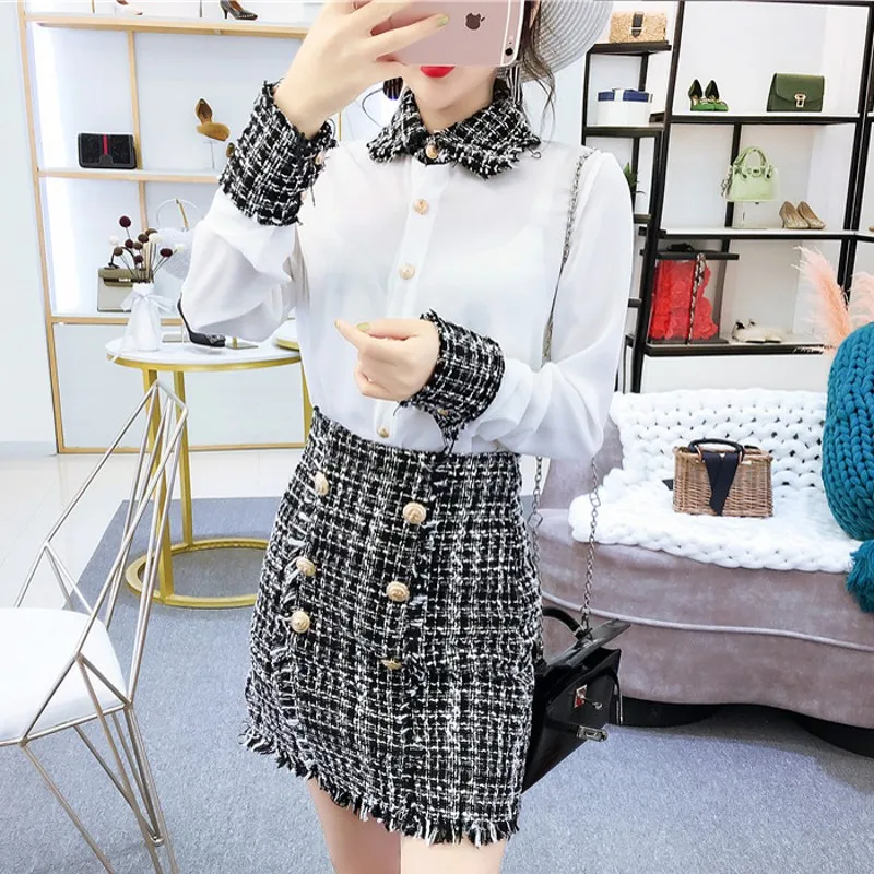 

2019 Spring Elegant Women 2 Piece Set Women Tweed Tassels Chiffon Shirt Top + Gold Double-Breasted Woolen Pencil Mini Skirt Suit
