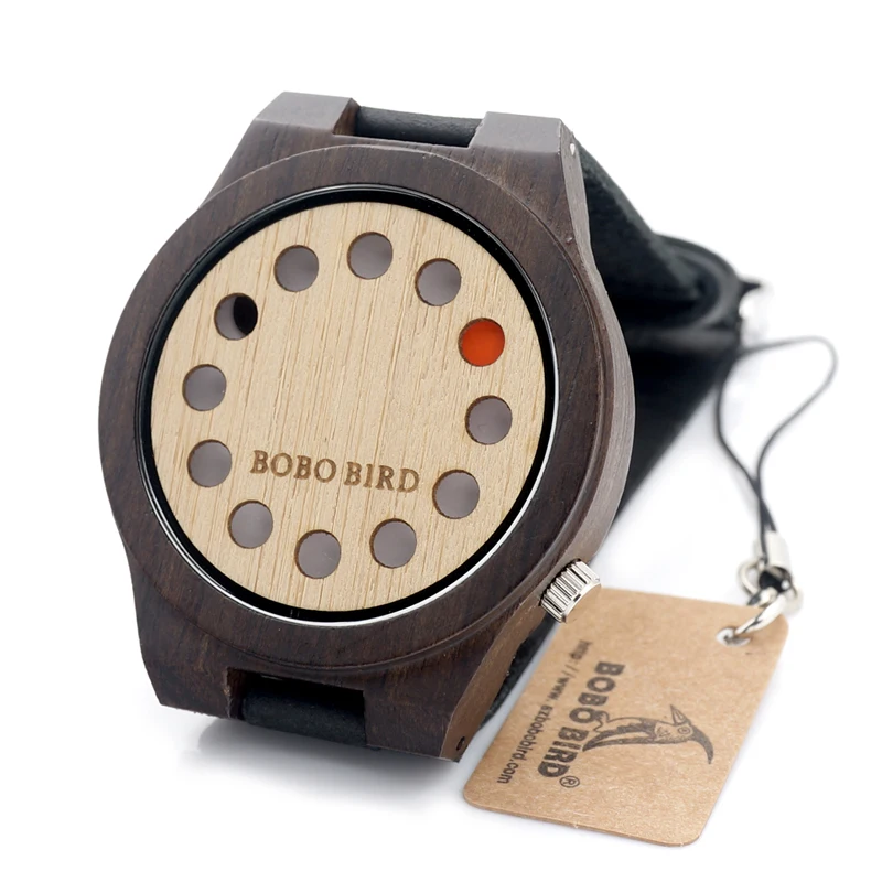 BOBO BIRD Unique Wood Watch 12 Wholes Real Leather Band Bamboo Quartz Watch for Men In Gift Box