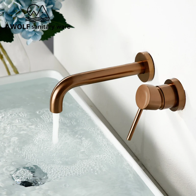 Kaufen Wand Montiert Auslauf Becken Wasserhahn Solide Messing Gebürstet Rose Gold Bad Badewanne Dusche Mischbatterie Für Lavatary Waschbecken ML8033