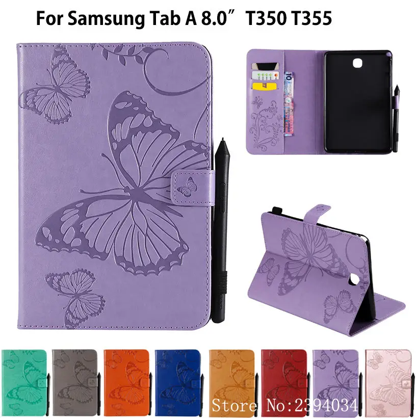 Чехол T350 для samsung Galaxy Tab A 8,0 SM-T350 T355 SM-T355 P350 P355, чехол Funda, чехол для планшета с тисненым рисунком бабочки и подставкой