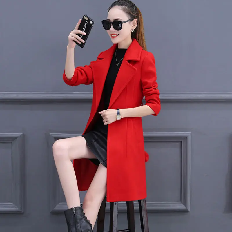 

2019 Women long solid coat belt sashes pockets thick warm slim turn-down collar autumn suit office lady
