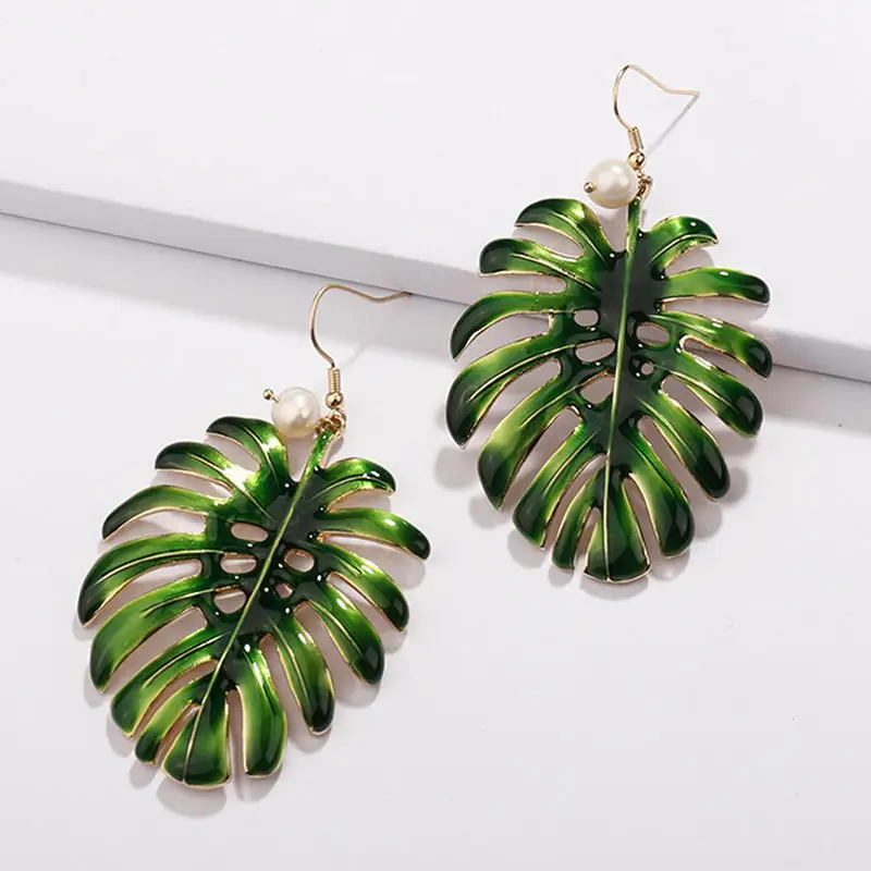 

Bohemian Enamel Monstera Leaf Dangle Drop Earrings for Women
