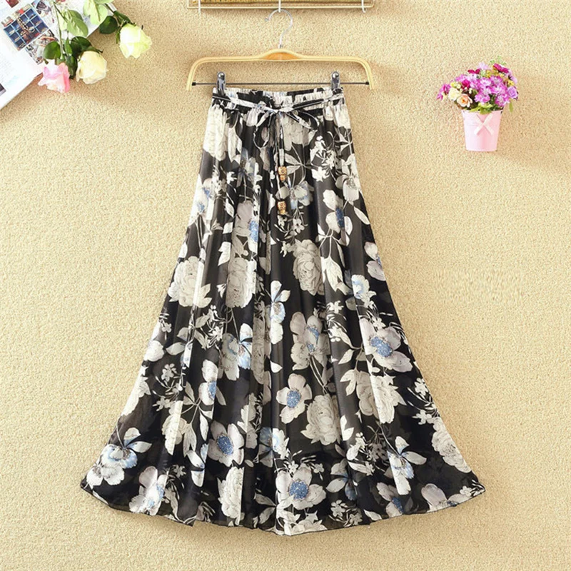 

New 2019 Women High Waist Bohemian Chiffon Skirt Summer Flower Elegant Pleated Skirt Ladies Vintage High Waist Long Skirts