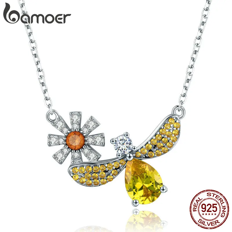 BAMOER Trendy 100% 925 Sterling Silver Fashion Daisy with Bee Yellow CZ Pendant Necklaces Women Sterling Silver Jewelry SCN242 BAMOER Trendy 100% 925 Sterling Silver Fashion Daisy with Bee Yellow CZ Pendant Necklaces Women Sterling Silver Jewelry SCN242