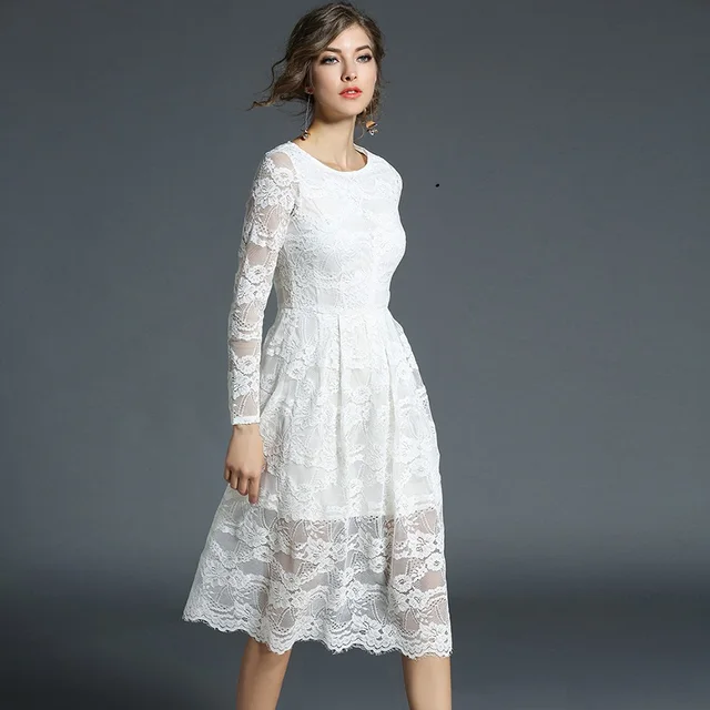 Spring Summer Dress Women Casual Long Dress Lace Red White Lace Dress
