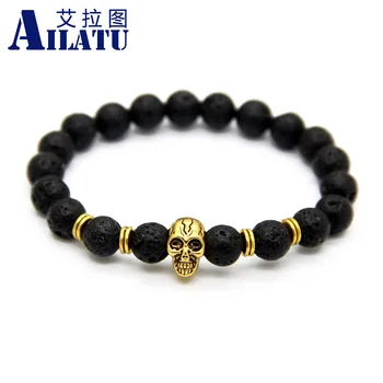 

Ailatu Beaded 8mm Lava Stone Beads Skull Charms Elastic Bracelets for Men and Women's Gift