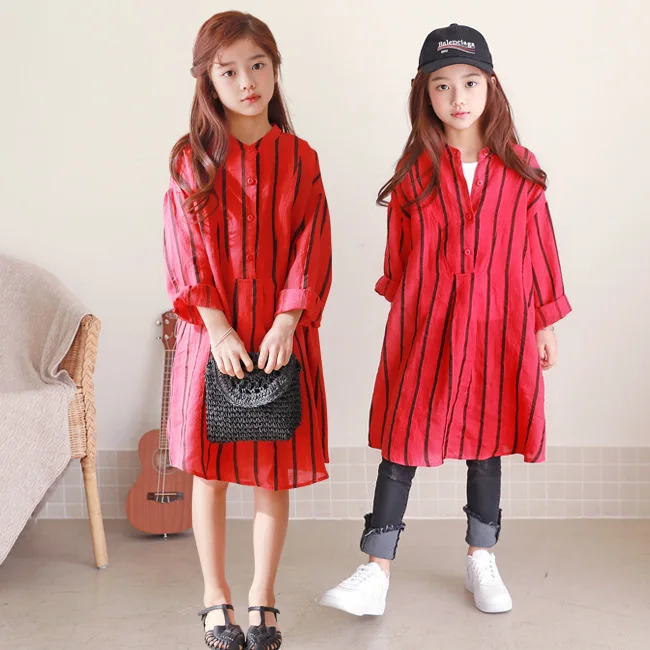 

New 2018 Autumn Baby Girls Long Style Shirt Kids Cotton Shirt Children Linen Shirt Loose Toddler Stripe Shirt,2572