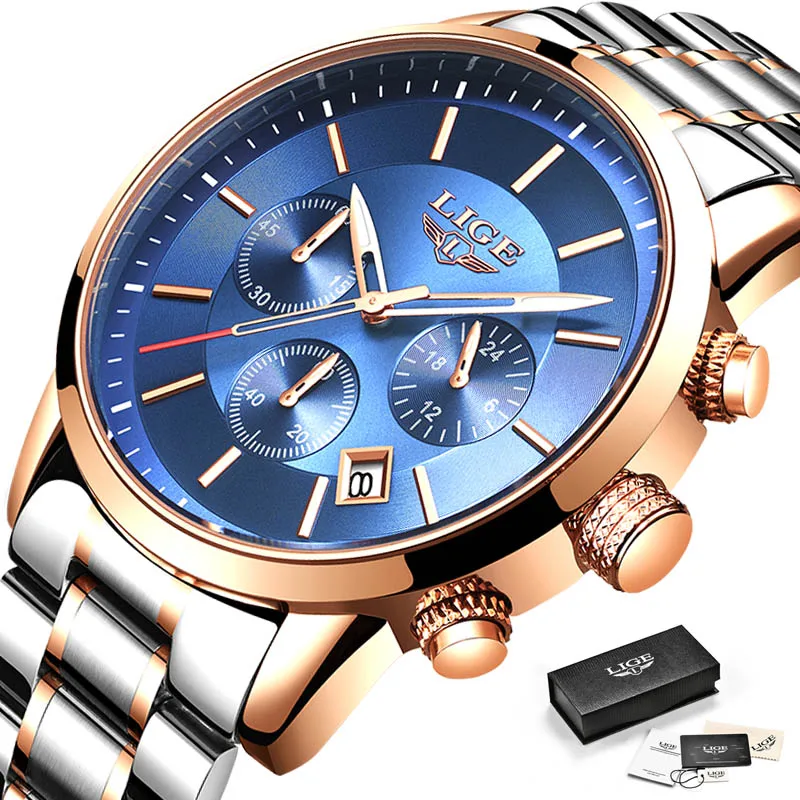 2019LIGE новые модные мужские часы лучший бренд класса люкс кварцевые часы с хронографом Бизнес водонепроницаемые часы для мужчин Relogio Masculino - Цвет: Rose gold blue