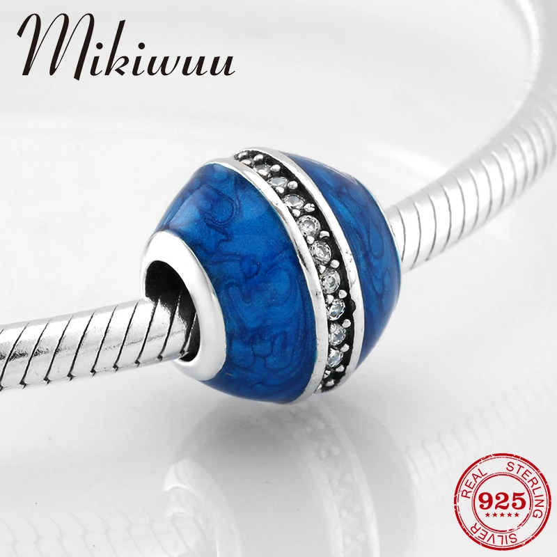 

925 Sterling Silver Cosmic starry blue Enamel Shiny CZ round fine Bead Fit Original Pandora Charm Bracelet Jewelry making