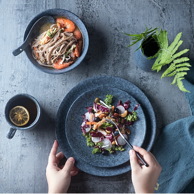 

Minimalist Grey Ceramic Bowl Rice Plate Dish Cup Nordic Western Style Ceramic Tableware Set Marble Gray Porcelain Dishes