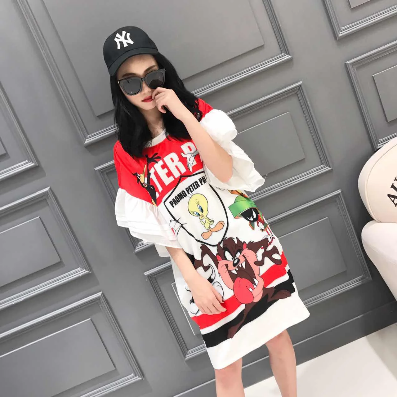 

Thailand Tide brand 2019 European station summer new letter printing cartoon trumpet sleeve round neck dress