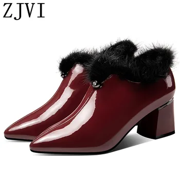 

ZJVI women winter autumn patent genuine leather pumps woman 6cm square high heels pointed toe shoes ladies 2019 new black