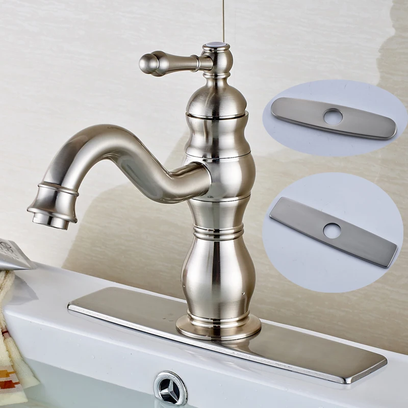

Free Shipping Deck Mounted Hot and Cold Water Bathroom Sink Faucet Single Handle Mixer Tap With Cover Plate