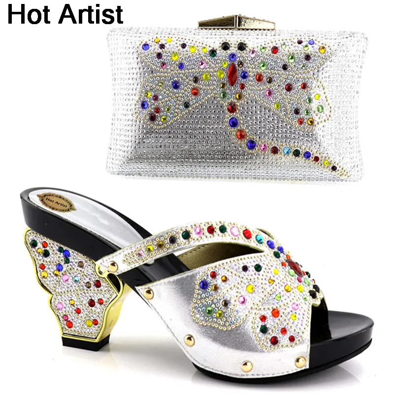 

Hot Artist Hot Sale Rhinestone Woman Shoes And Matching Bag Set Fashion Italian High Heel Shoes And Bag Set For Party YH-10