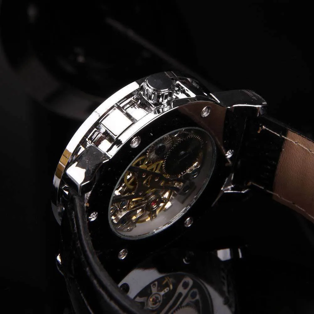 Лидирующий бренд Мужские часы классический черный кожаный Циферблат скелет механические наручные часы спортивные армейские часы мужские Быстрая Feida