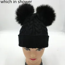 Который в душе двойной искусственный Лисий мех помпон женская шапка вязанный кабель два Поддельные Искусственный шар Женская Осенняя шапочка-бини Шапка Лыжная Gorras
