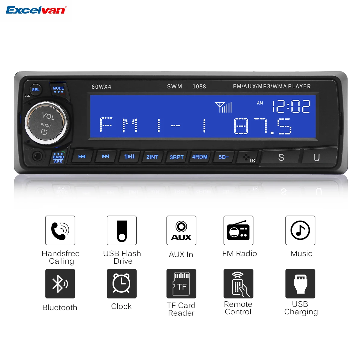 Excelvan 1 Din 4'' Car Stereo Radio Mp3 Player Bluetooth Handsfree Usb Aux Tf Card Fm 12v Lcd