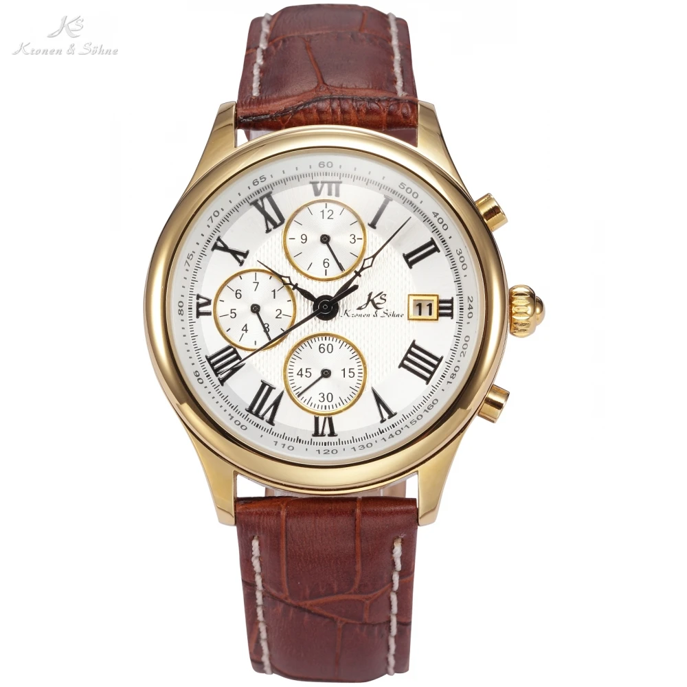 

IMPERIAL KS Retro Skeleton 6 Hands Golden Case Luxury Brand Day Month Display Brown Leather Strap Men's Mechanical Watch / KS146