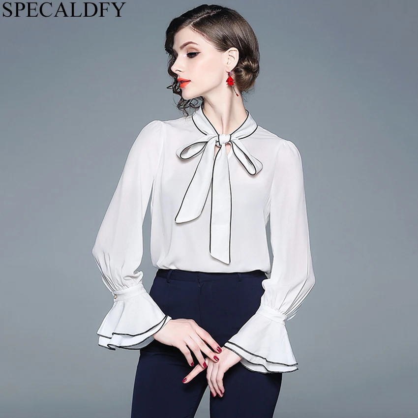 2019 Spring Fashion White Chiffon Blouse Women Long Sleeve Bow Neck