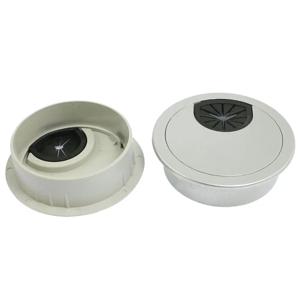 

2 Pcs Round Silver Tone Plastic Computer Desk Grommets Cable Hole Covers 58mm