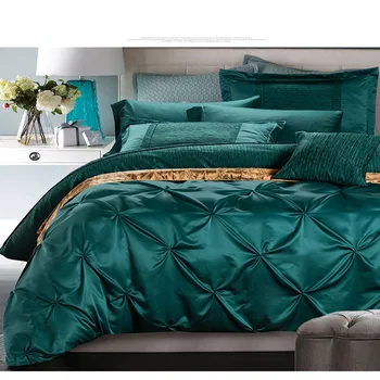 

Royal Blue Luxury Bedding Set Pinch Pleat Bed Set King Queen Size Imitated Silk Bed Linens Duvet Cover Bed Sheet 4/6pcs Bedding